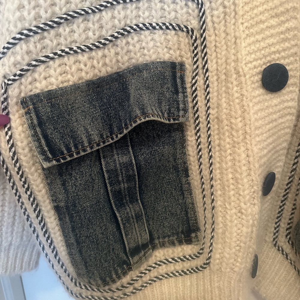 Cozy Cream Cardigan with Denim Accents - Picture 6 of 8